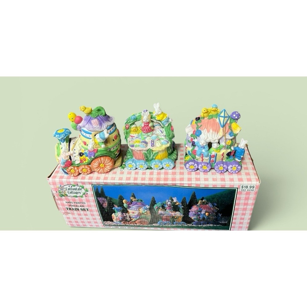 Cottontale Cottages Train Set 3‎ PC Hand Painted Porcelain 1997 Vintage Rabbits